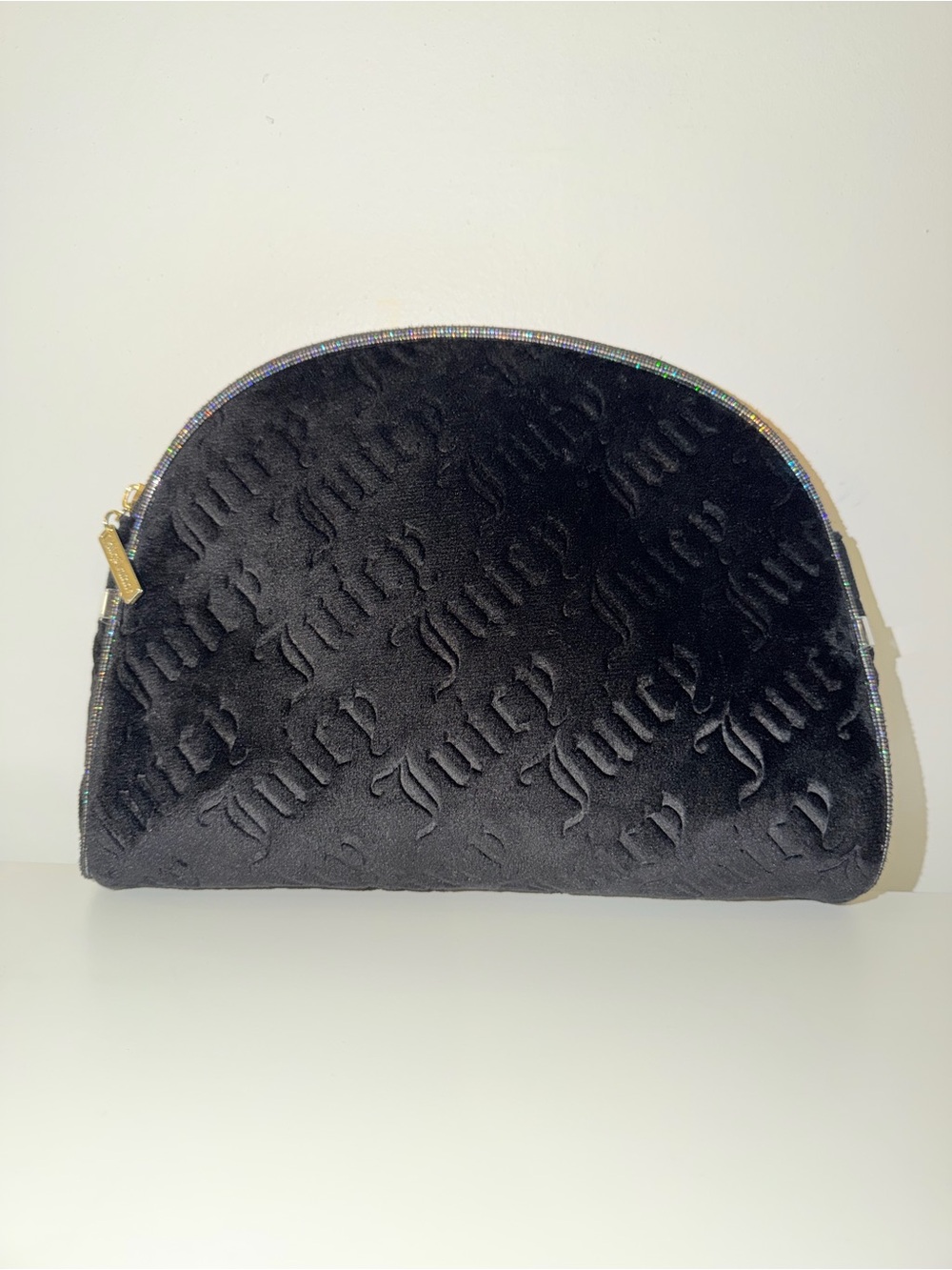 Juicy Couture Black Velvet Embossed Logo Cosmetic Case with Gold Zip